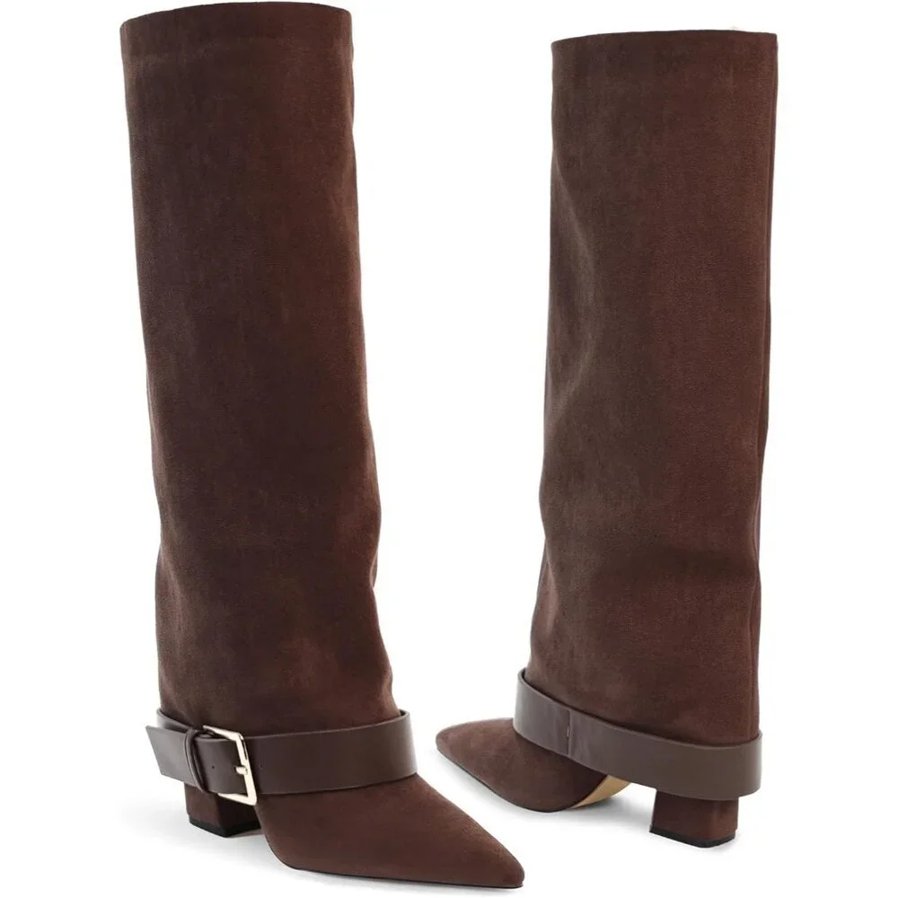 Women's Brown Suede Wide Calf Pointed Toe Belt Buckle Knee High Fall Long Boot